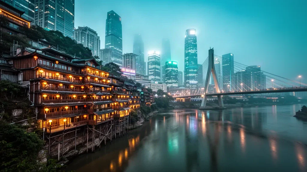 Alacakaranlıkta Chongqing silüeti, Jialing Nehri üzerinde parlayan Hongyadong kazık evleri ve Qiansimen Köprüsü