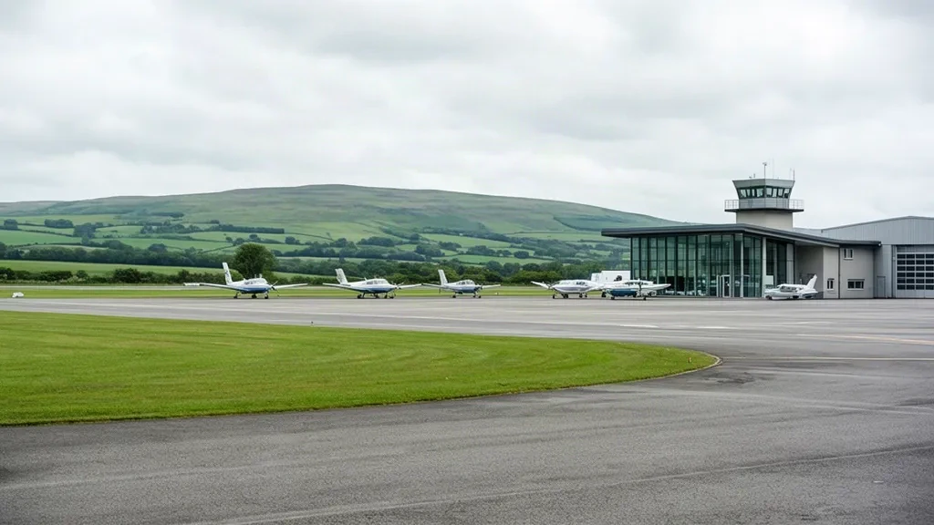 Pequeño edificio terminal y torre de control en el aeropuerto de Perth/Scone, en Escocia, con aviones ligeros en la pista y colinas verdes al fondo.