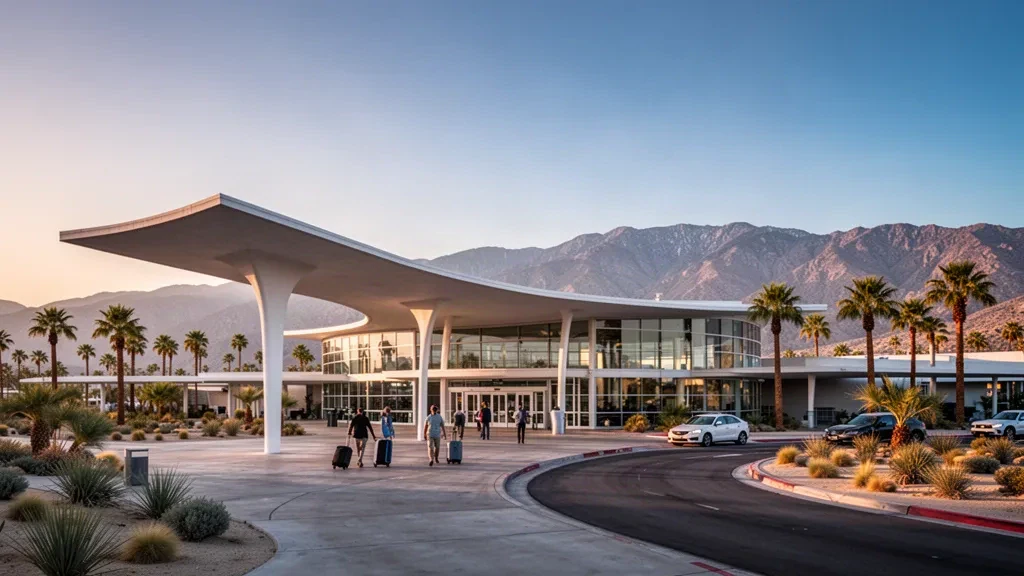 Mid-century modern terminal at Palm Springs International Airport with palm trees and desert mountains at golden hour