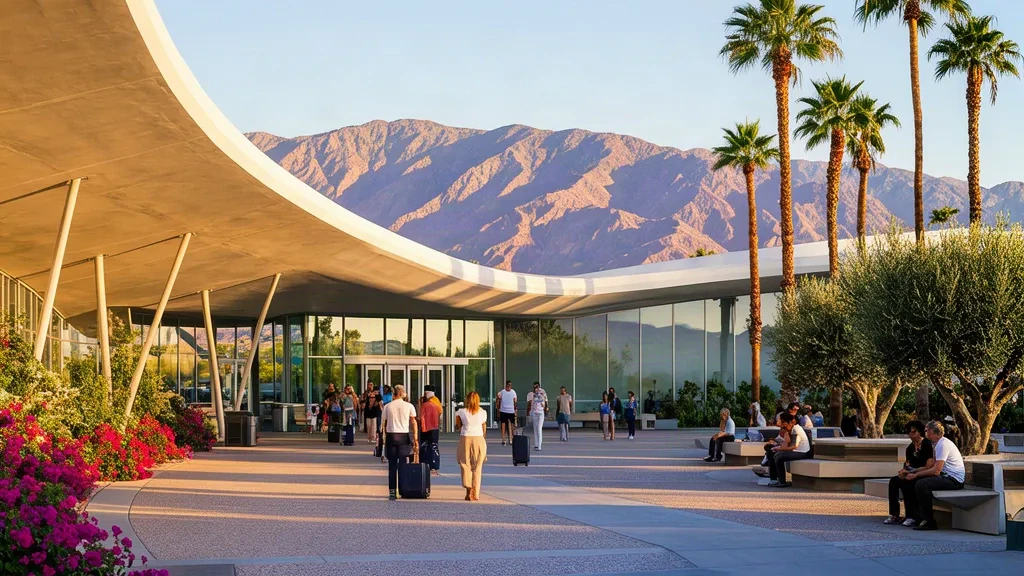 Mid-century-moderner Terminal-Innenhof am Flughafen Palm Springs International mit Palmen, Reisenden und den San Jacinto Mountains