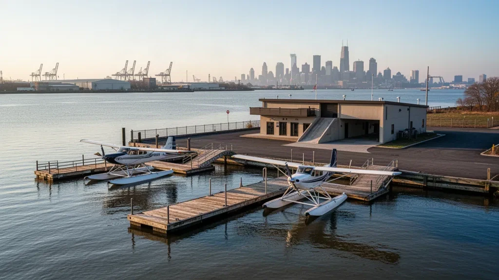 Wasserflugzeuge an Schwimmdocks am Delaware River am Philadelphia Seaplane Base, mit der Skyline der Stadt im Licht der goldenen Stunde