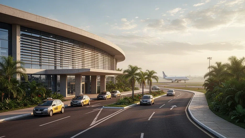 Modern glass terminal and drop-off lanes at Libertador General José de San Martín Airport in Posadas, Argentina, at golden hour