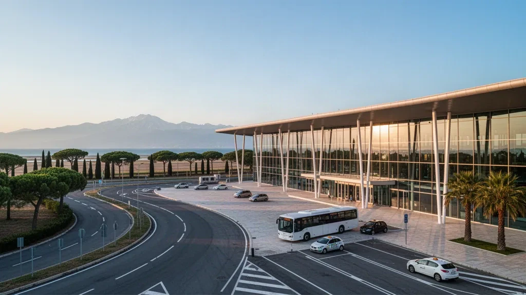 Modernes Glas-Terminal und Bringspuren am Flughafen Abruzzen in Pescara, Italien, beleuchtet vom warmen Licht der goldenen Stunde