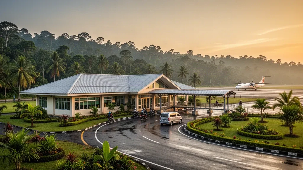 Modern tropical terminal exterior and drop-off lane at Pangsuma Airport in Putussibau, West Kalimantan, in late afternoon light.
