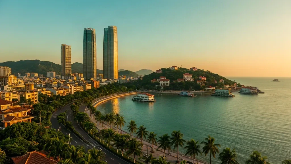 Horizonte de Xiamen en la hora dorada con tejados de la isla de Gulangyu y torres costeras en Fujian, China