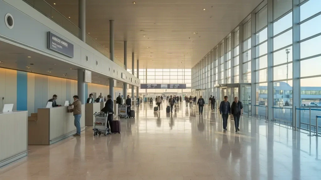 Pescara'daki Abruzzo Havalimanı içinde yolcular, bagajlar ve cam terminal cephesiyle aydınlık check-in salonu