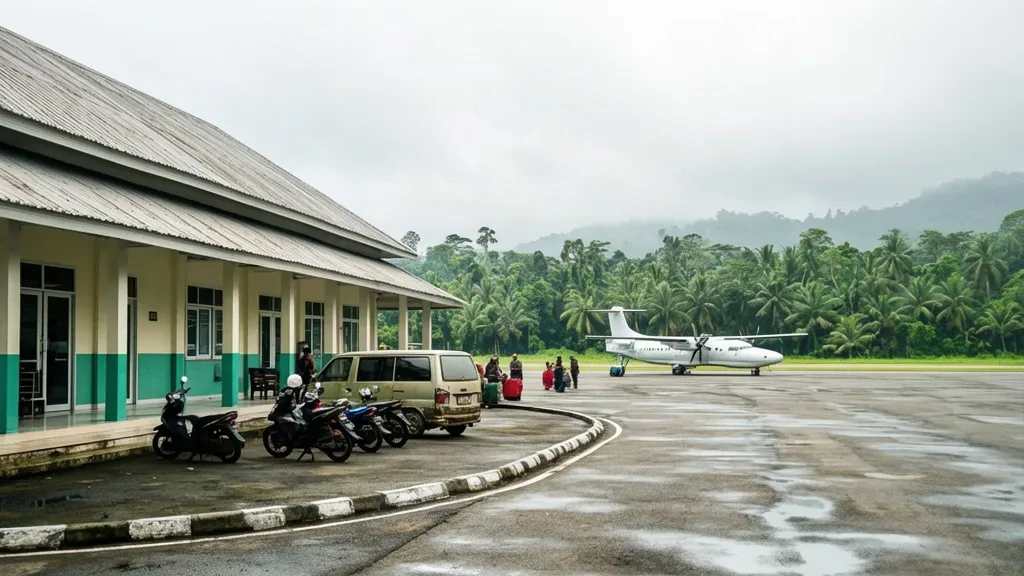 Terminal de una sola planta y plataforma en el aeropuerto Pangsuma en Putussibau, Kapuas Hulu, Kalimantan Occidental, rodeada de selva tropical