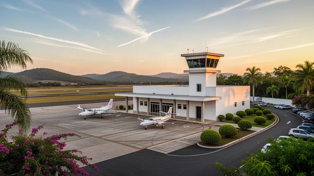 Terminal building and apron at José Figueiredo Municipal Airport in Passos, Minas Gerais, with small aircraft under warm late afternoon light