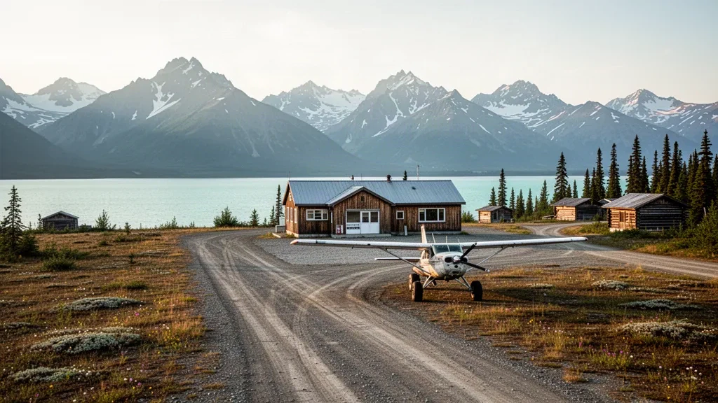 Pista de grava remota y terminal de madera en el aeropuerto de Port Alsworth, Alaska, rodeados de tundra, abetos y montañas con vetas de nieve