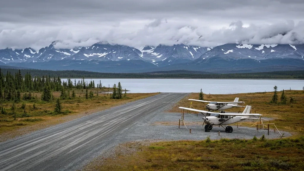 Petits avions de brousse stationnés le long de la piste en gravier à l'aéroport de Port Alsworth PTA, avec des montagnes striées de neige et un lac froid d'Alaska au-delà