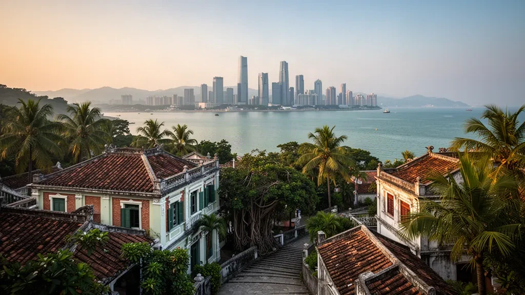 Veduta all'ora d'oro sui tetti di Gulangyu Island verso lo skyline di Xiamen nel Fujian, Cina, con alberi subtropicali e il mare calmo sotto