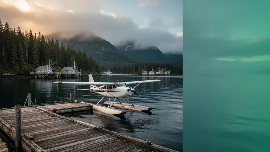 Wasserflugzeug am Dock des Port Alexander Seaplane Base in Südostalaska, ruhiges Wasser und neblige bewaldete Berge zur goldenen Stunde.