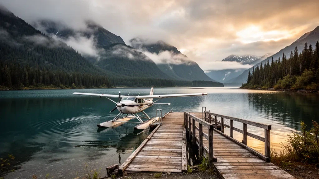 Hydravion à flotteurs au quai en bois de la base d'hydravions de Port Alice en Alaska, encadré par des montagnes côtières boisées et brumeuses et une eau d'inlet calme