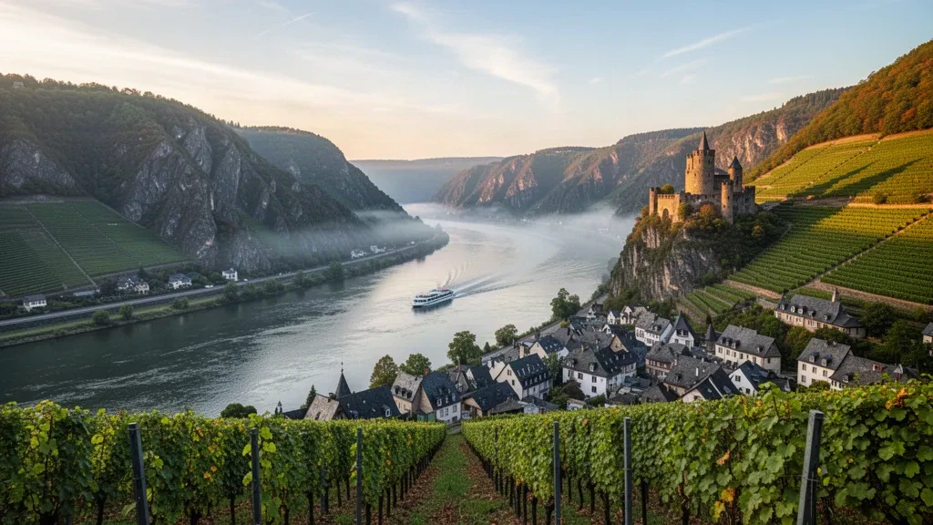 Terraced vineyards and a medieval hilltop castle above a bend of the Rhine Gorge in Germany in warm morning light