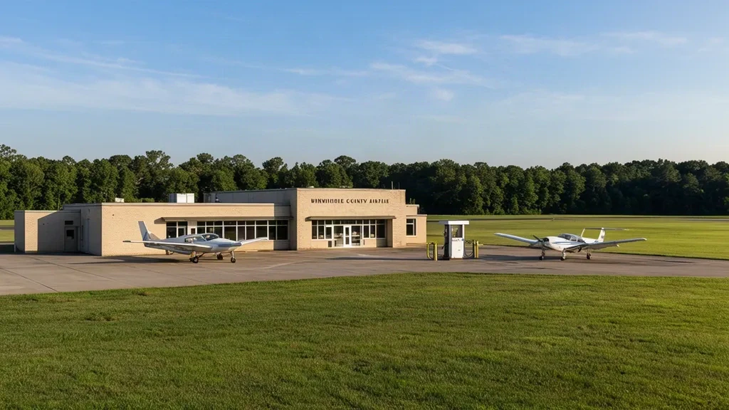 Bâtiment terminal de l'aéroport du comté de Dinwiddie PTB avec de petits aéronefs stationnés sur le tarmac sous un ciel matinal dégagé de Virginie.