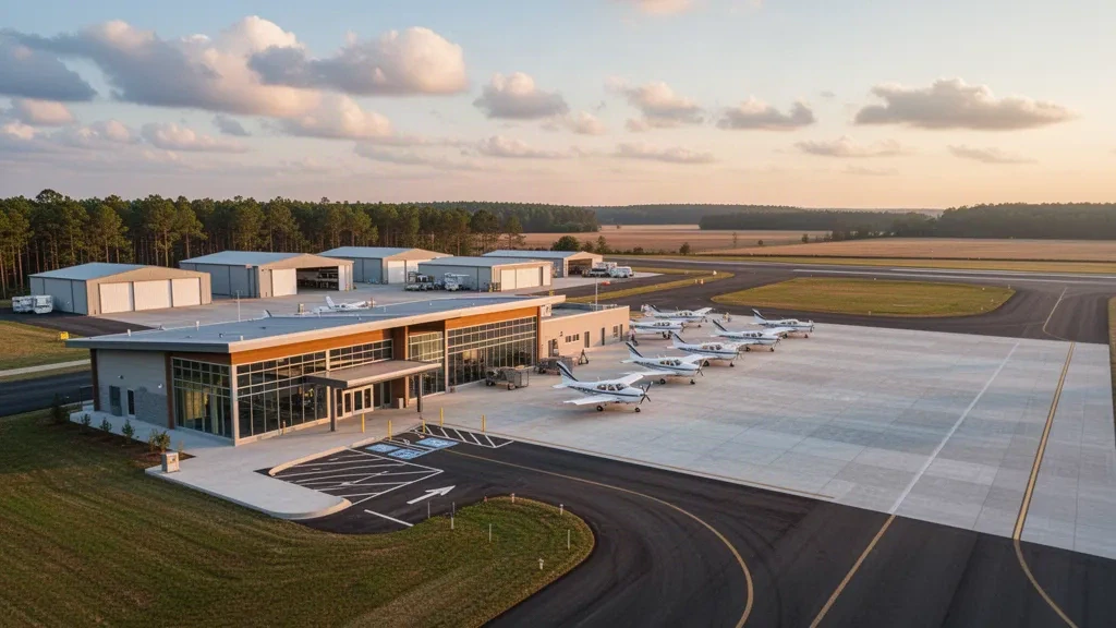 Veduta dell'ora d'oro di un piccolo terminal per aviazione generale e aeromobili parcheggiati all'aeroporto di Dinwiddie County in Virginia
