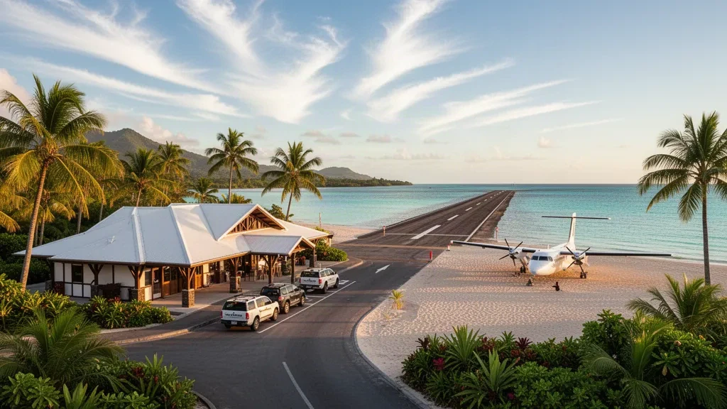 Tropical island airport terminal and runway on Malolo Lailai in Fiji at golden hour, with palm trees and turquoise water nearby.