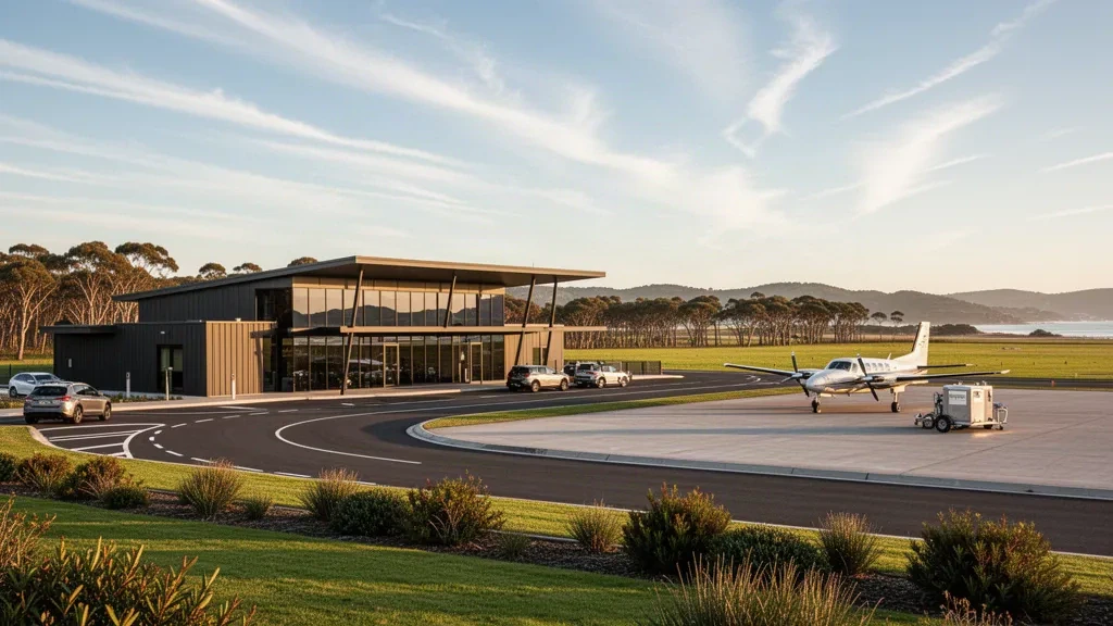 Vue à l'heure dorée du terminal régional et de l'aire de trafic de l'aéroport de Portland à Victoria, en Australie, avec un avion léger stationné à proximité.