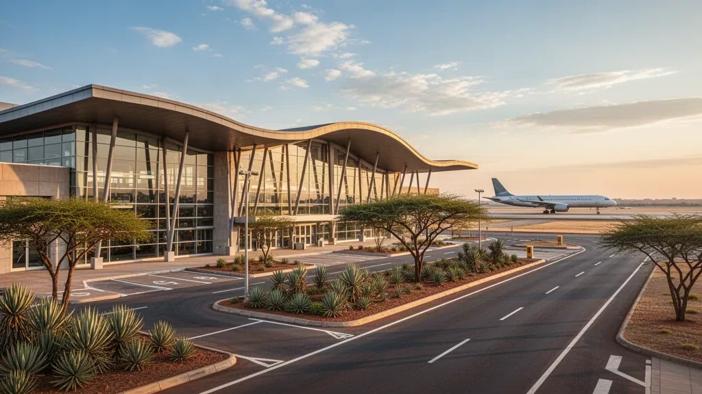 Güney Afrika'daki Polokwane Uluslararası Havalimanı'nda altın saatlerde modern cam terminal ve indirme şeridi.