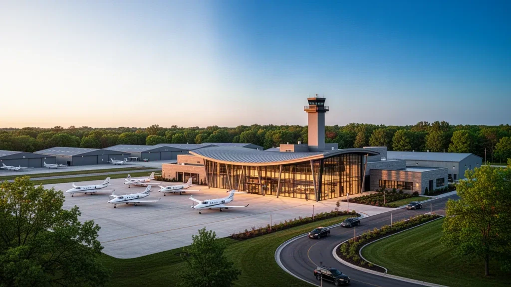 Veduta dell'ora d'oro del terminal e del piazzale dell'Aeroporto Internazionale di Oakland County a Waterford, Michigan, con jet aziendali parcheggiati sulla piazzola.