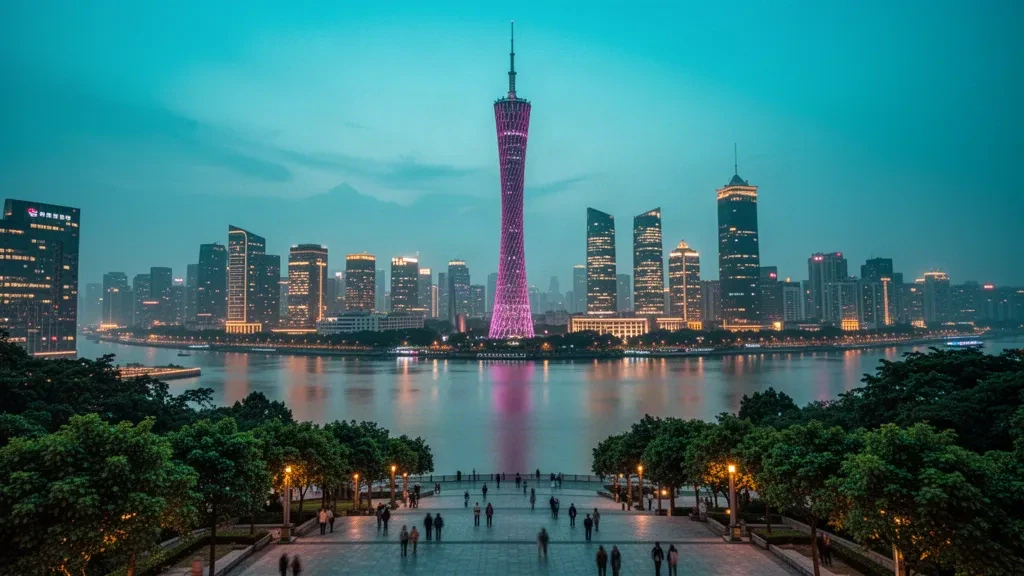 Canton Tower und die Skyline von Guangzhou in der Dämmerung über dem Perlfluss, Guangdong, China.