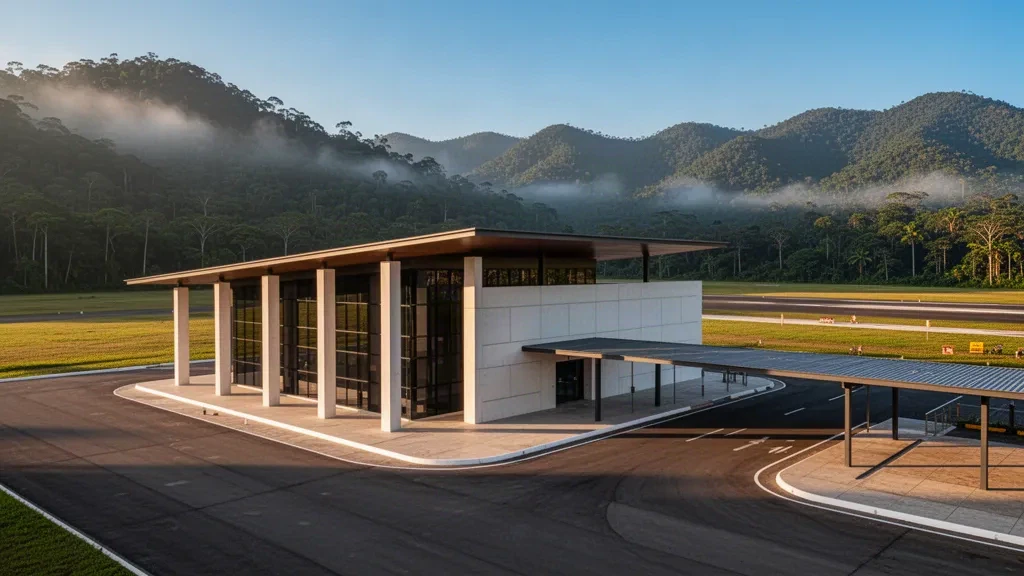 Modern regional terminal and drop-off lane at Walter Braedt Segú Airport in Tingo María, Peru, surrounded by lush Amazonian mountains at golden hour.