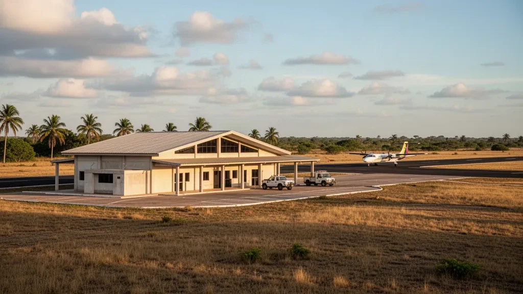 Kleines regionales Terminal und Startbahn am Flughafen Palmarito in Apure, Venezuela, umrahmt von Llanos-Savanne zur goldenen Stunde