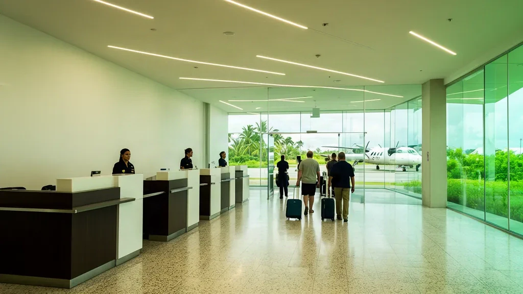 Interior of Walter Braedt Segú Airport (PTL) with check-in counters, glass facade and daylight in a small regional terminal.