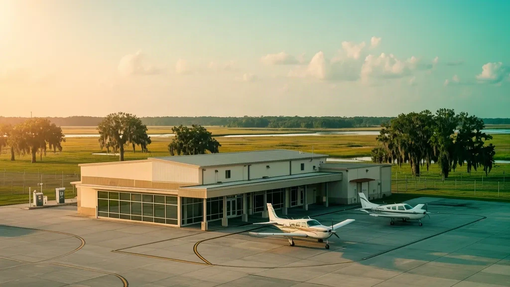 Petit terminal d'aviation générale et aéronefs stationnés sur l'aire de trafic de l'aéroport Harry P. Williams Memorial à Patterson, en Louisiane