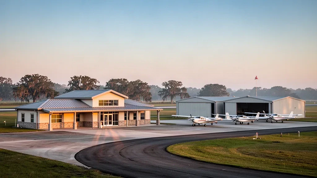 Patterson, Louisiana'daki Harry P. Williams Memorial Havalimanı'nda altın saatte tek katlı alçak terminal, hangarlar ve aprondaki hafif uçaklar.