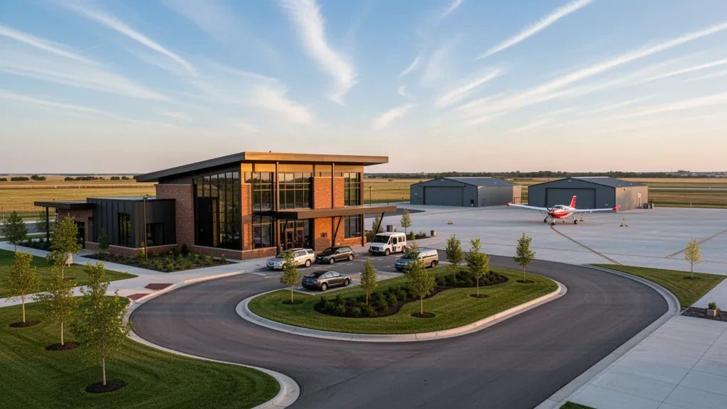 Golden-hour view of Atkinson Municipal Airport terminal, apron and access road in Pittsburg, Kansas, with light aircraft and open sky