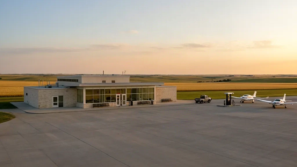 Small single-story terminal at Pratt Regional Airport PTT in Kansas with general aviation aircraft on the apron at golden hour