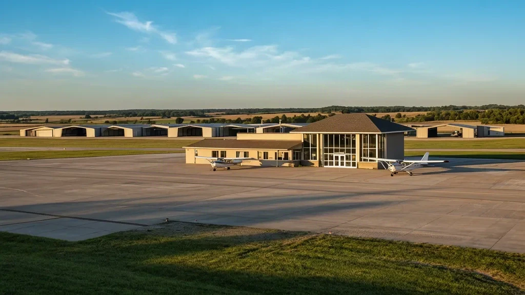 Außenansicht des Terminals und des Vorfelds am Atkinson Municipal Airport in Pittsburg, Kansas, mit Hangars und klarem Himmel.
