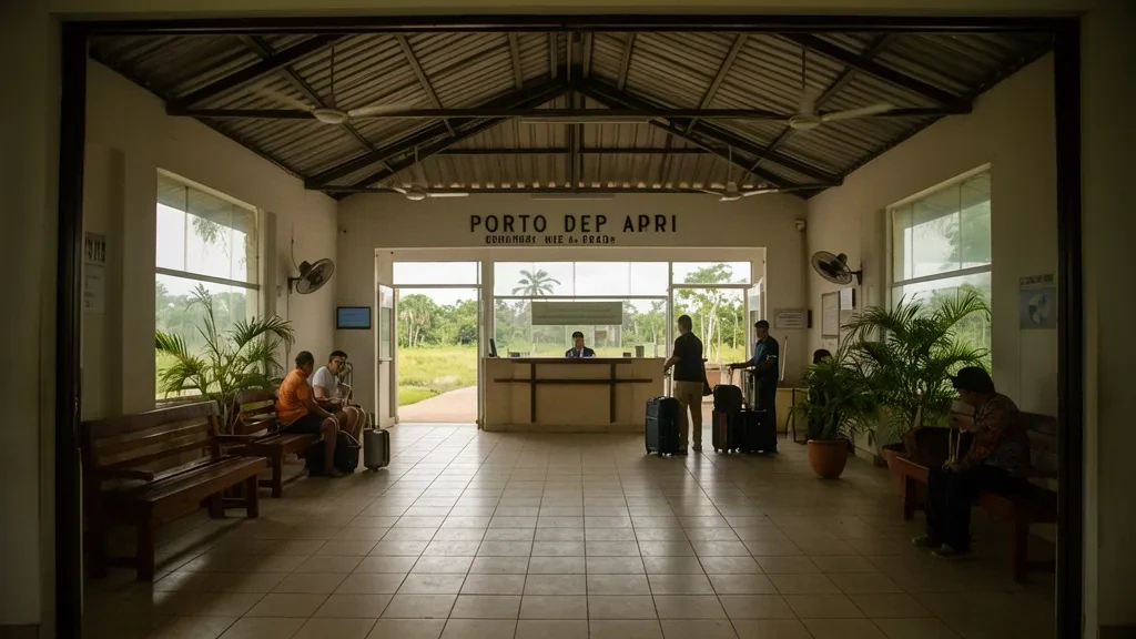 Interior of the small regional terminal at Porto de Moz Airport PTQ in Pará, Brazil, showing check-in area and Amazon daylight.