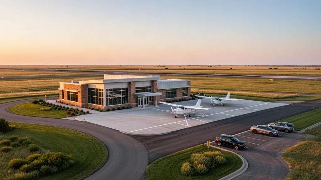 Petit terminal et piste de l'aéroport régional de Pratt au Kansas à l'heure dorée, avec de légers aéronefs sur le tarmac et la prairie ouverte au-delà