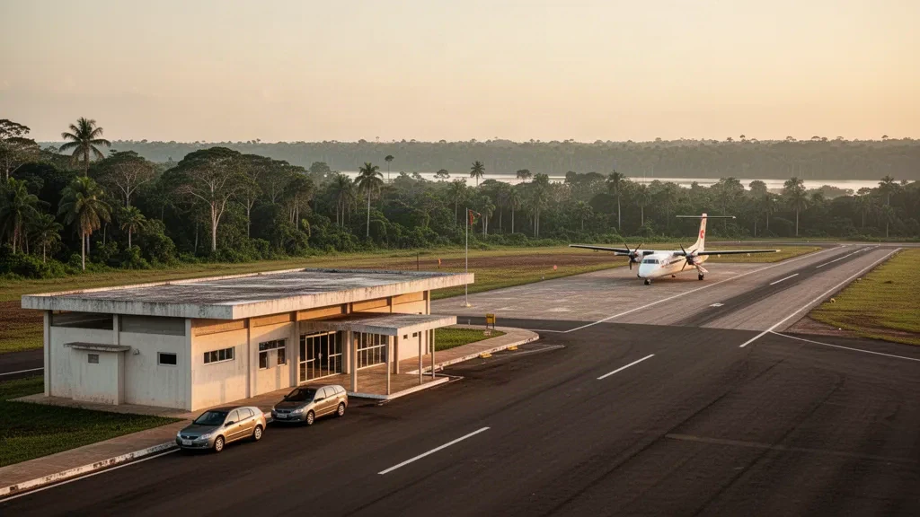 Pequeña terminal de aeropuerto regional y pista en Porto de Moz, Pará, Brasil, rodeada por la selva amazónica