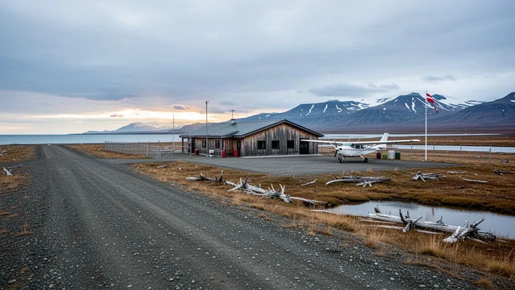 Remote gravel runway and small wood-sided terminal at Platinum Airport on Alaska's Bering Sea coast under an overcast sky