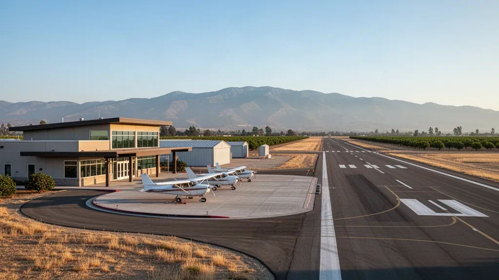 Plataforma de aviación general, hangares y aeronaves ligeras en el Aeropuerto Municipal de Porterville con las estribaciones de Sierra Nevada bajo la cálida luz de California