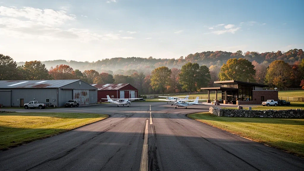 Aeronave monomotor en la plataforma del aeropuerto Heritage Field cerca de Pottstown, Pensilvania, con una cálida luz de hora dorada