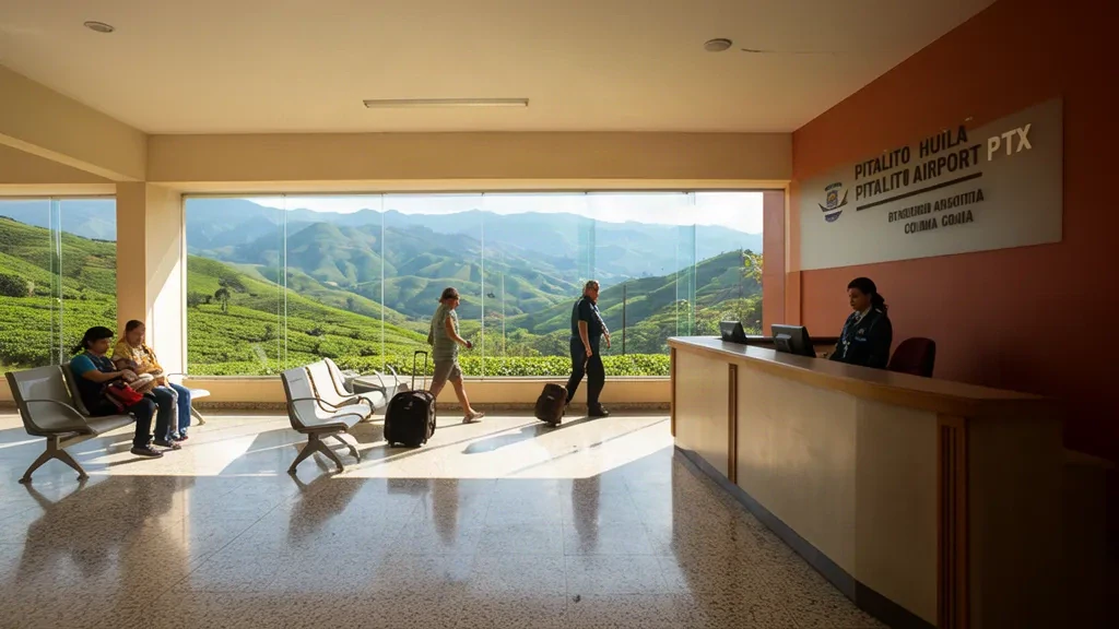 Pitalito Havalimanı PTX kalkış salonunun içi, gezginler, check-in alanı ve Kolombiya'nın Huila kentindeki And manzaraları.