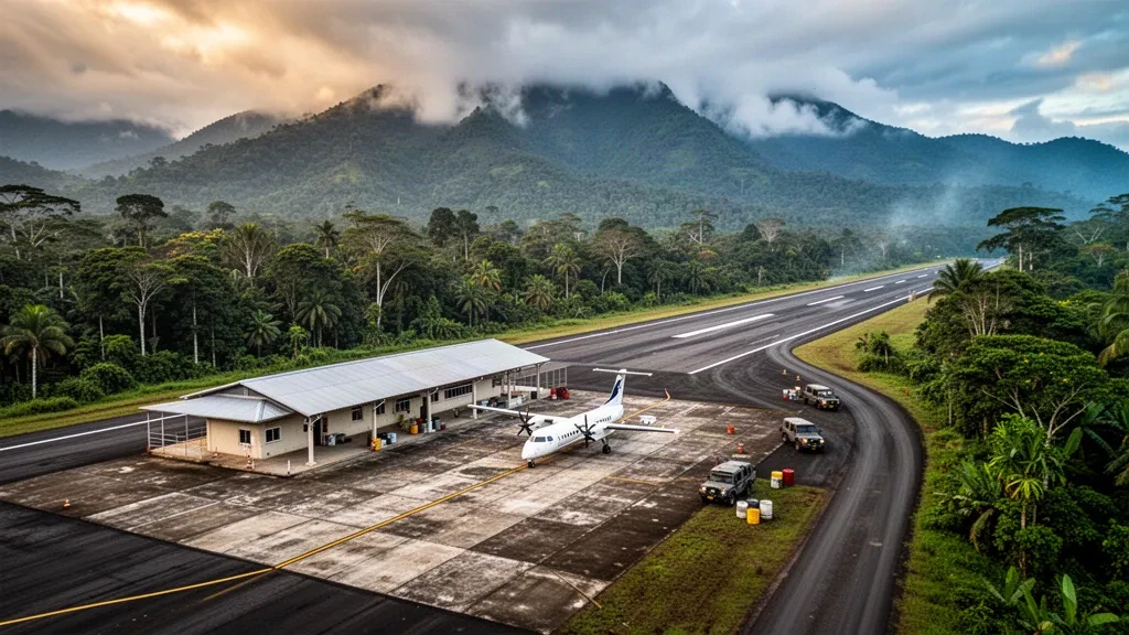 Flughafen Río Amazonas nahe Shell Mera, Ecuador, mit kleinem Terminal und von Regenwald gesäumter Startbahn am Fuß der Anden