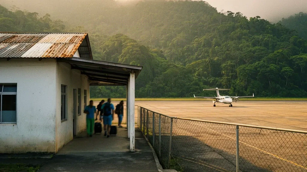 Pequeña terminal y pasarela cubierta en el Aeropuerto Río Amazonas, en Shell, Ecuador, rodeada de colinas de densa selva amazónica