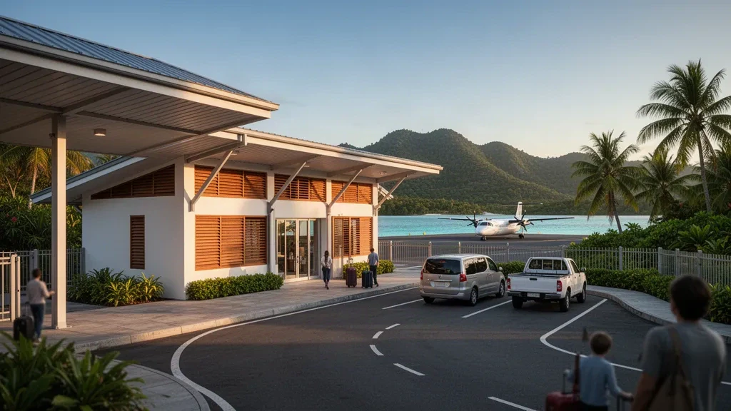 Terminal tropical de la isla iluminada por el sol y carril de descenso en el Aeropuerto de Puas, con palmeras, un turbohélice en la plataforma y colinas verdes más allá.