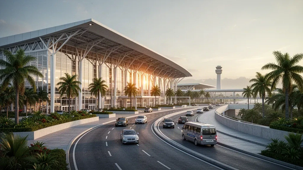 Panama City'deki Tocumen Uluslararası Havalimanı'nda altın saatlerde palmiye ağaçları ve yolcu indirme şeritleriyle modern cam terminal binasının dış görünümü