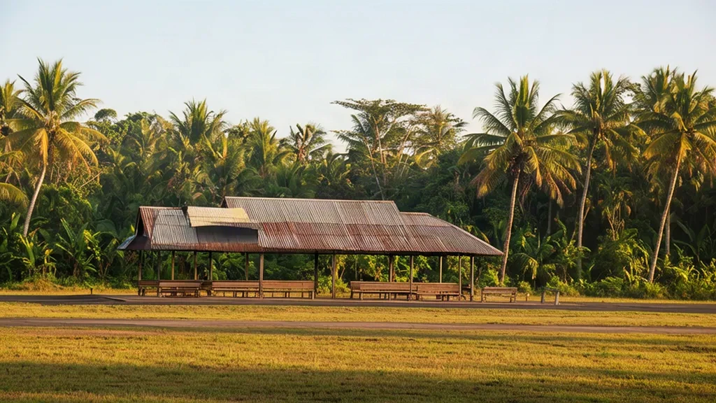 Piccolo terminal tropicale all'aeroporto di Puas in Papua Nuova Guinea, con una pista in erba e una lussureggiante foresta pluviale intorno all'edificio all'aperto.