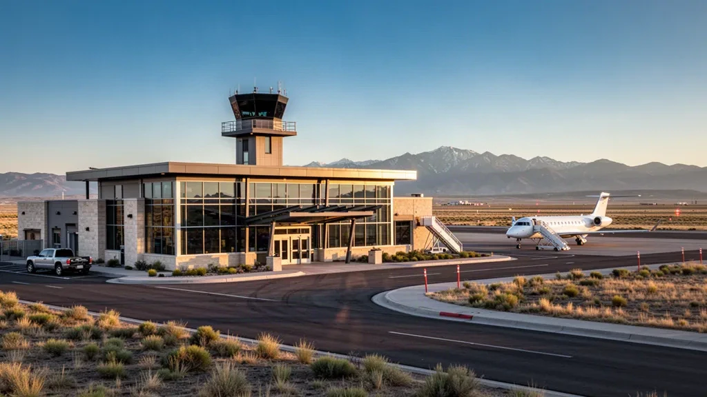 Colorado'nun yüksek çöl ovalarında, altın saatte Pueblo Memorial Havalimanı'ndaki modern alçak terminal ve kontrol kulesi.
