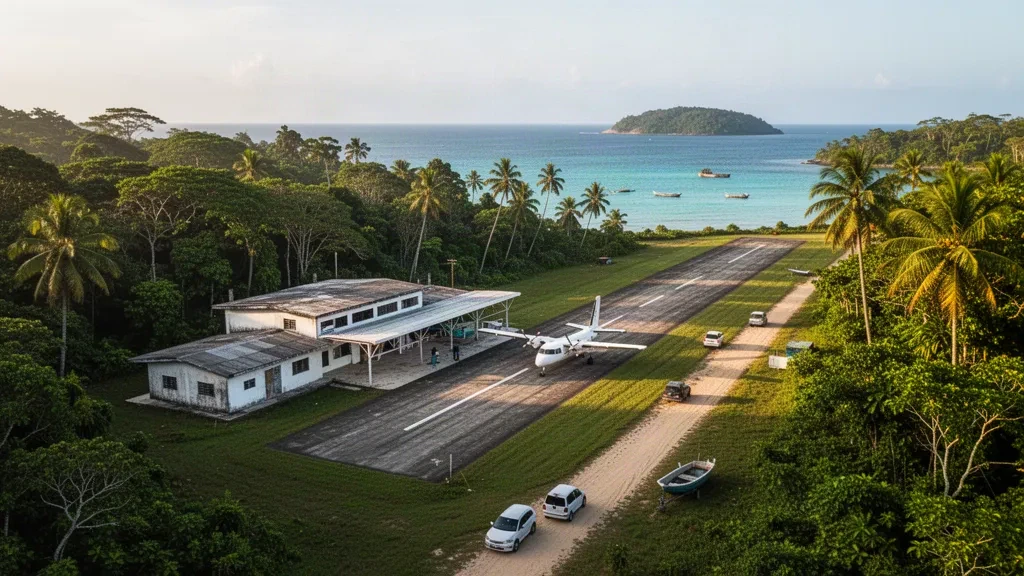 Small tropical airstrip with a paved runway, palm trees and rainforest beside the Caribbean coast at Puerto Obaldía Airport, Panama