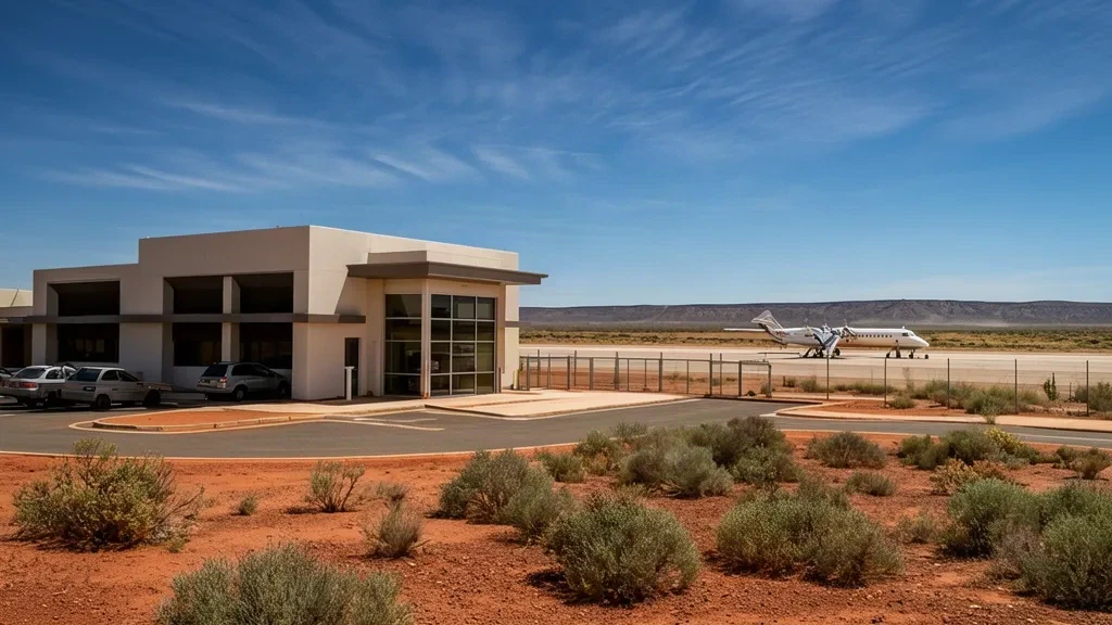 Low-rise regional terminal building at Port Augusta Airport in outback South Australia under a clear blue sky
