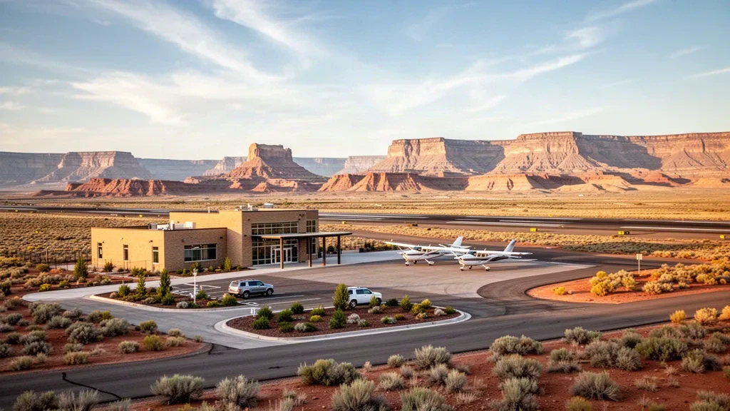 Terminal e piazzale dell'aviazione generale presso l'Aeroporto Regionale di Carbon County a Price, Utah, con mesa desertiche sotto la luce dell'ora d'oro.
