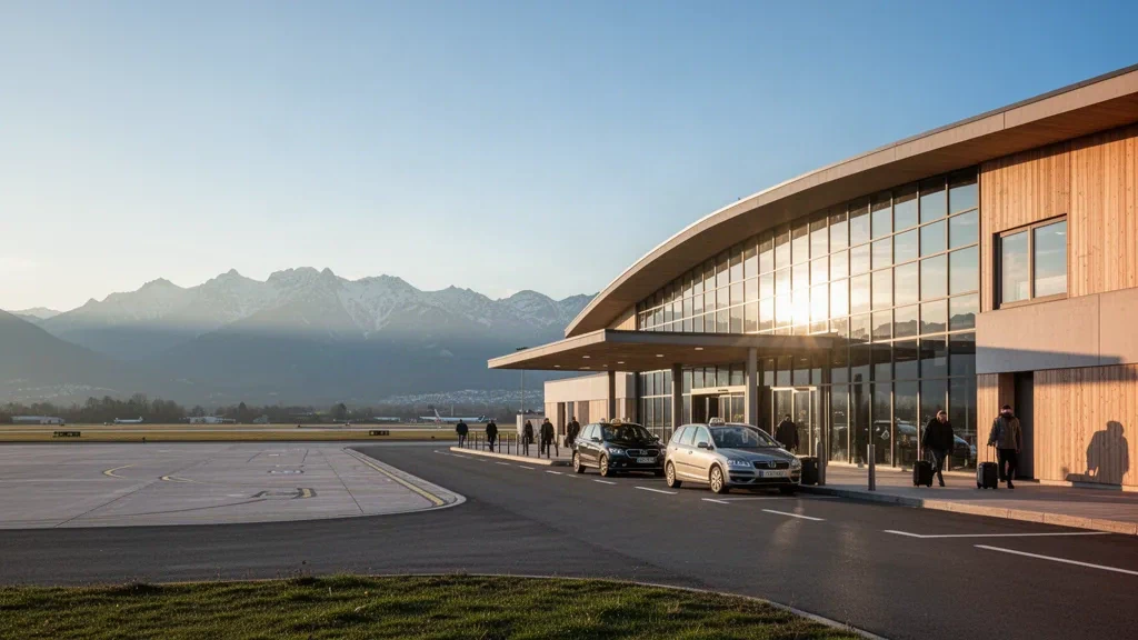 Moderno terminal in vetro dell'Aeroporto Pau Pyrénées con i Pirenei all'orizzonte durante l'ora d'oro